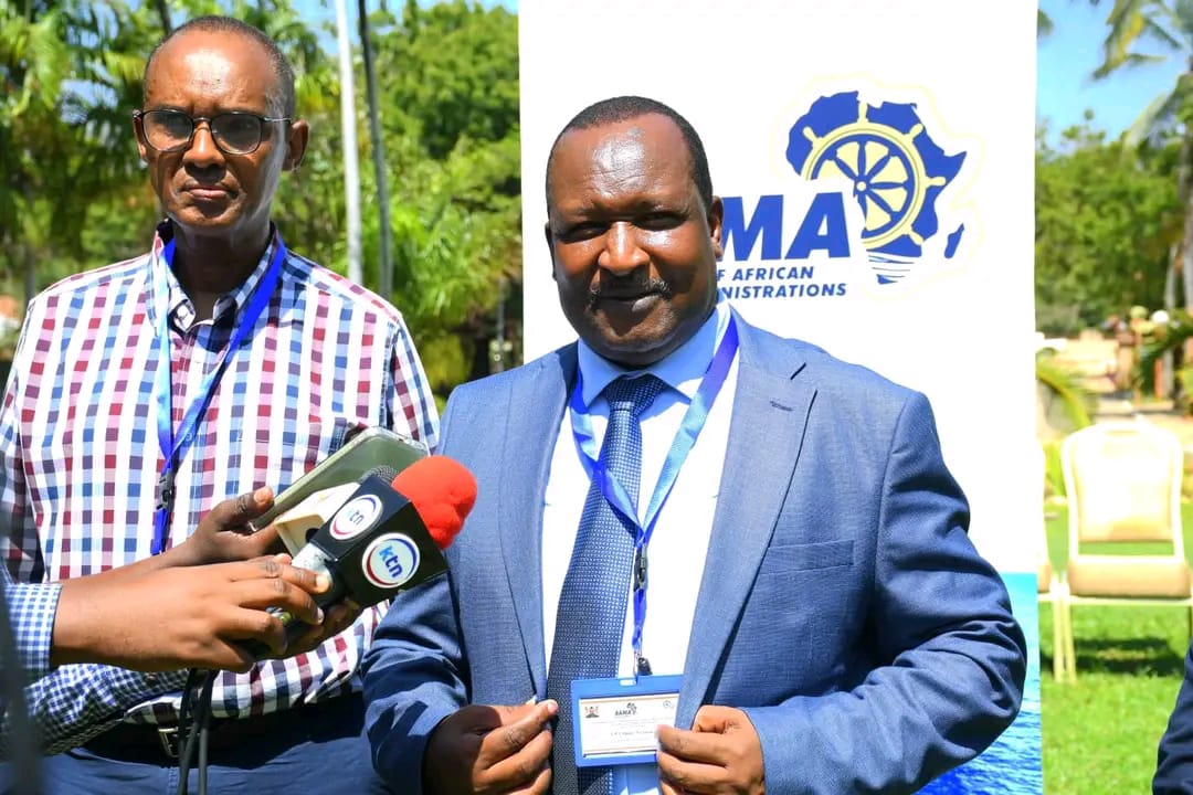 Kenya Maritime Authority Director General addresses the media during the Association of African Maritime Administrations (AAMA) regional meeting in Mombasa on the IMO’s proposed Net Zero Framework.