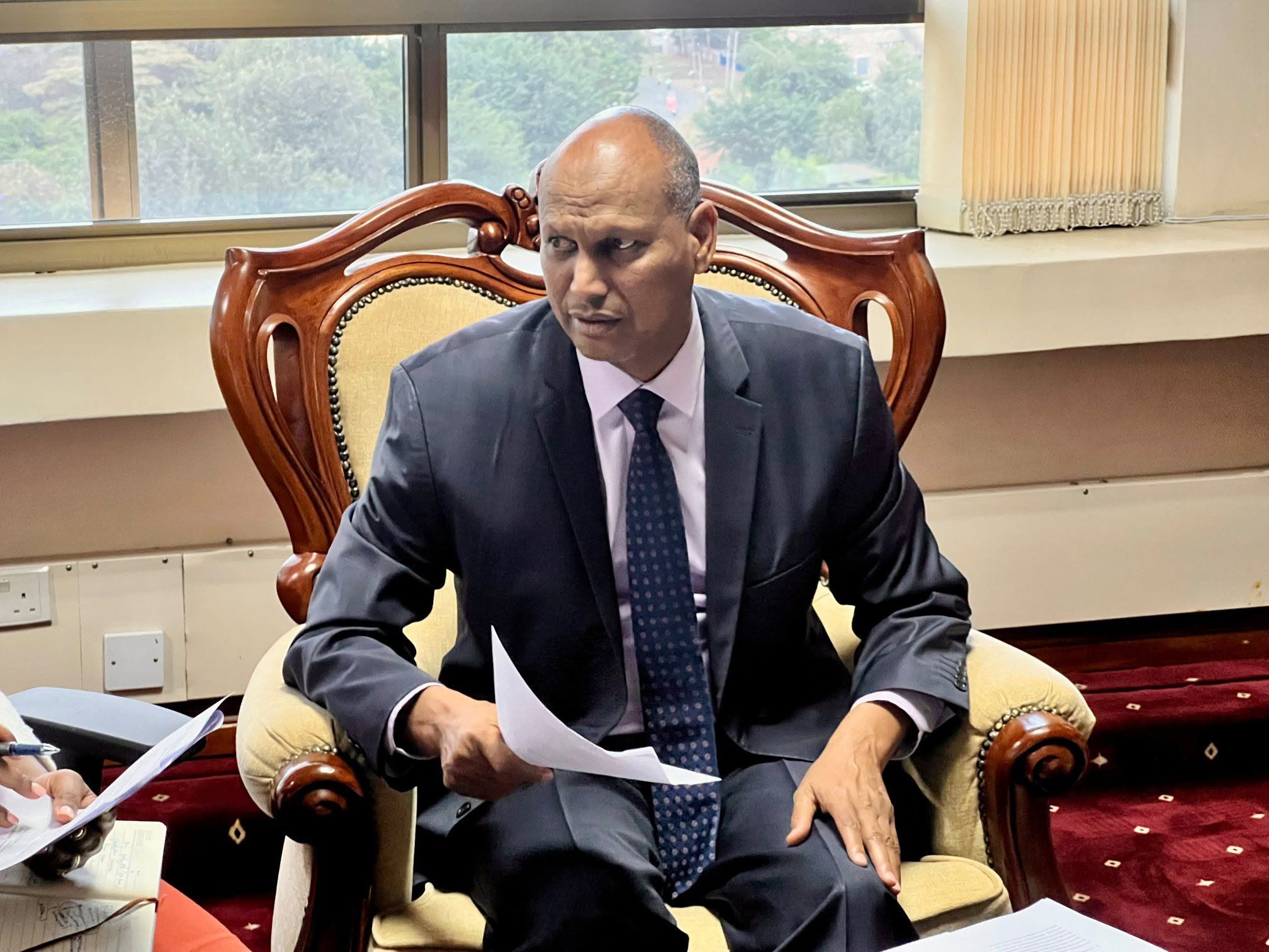 The State Department for Shipping and Maritime Affairs Principal Secretary Mr. Aden Abdi Millah during a media interview at NSSF Annex building