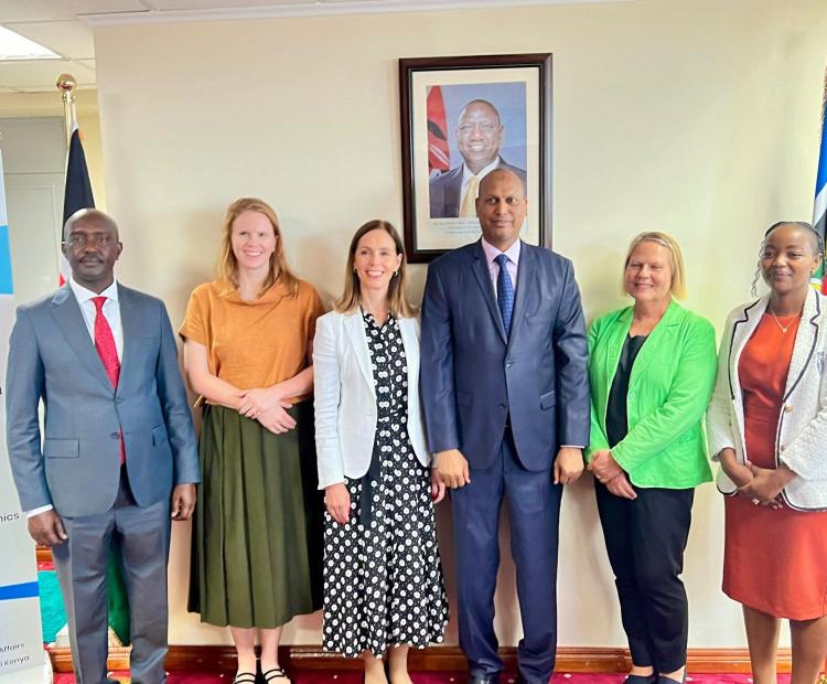 Norwegian Ambassador to Kenya, H.E. Siv Cathrine Moe, accompanied by Marta Gjørtz, Counsellor for Regional Commercial Affairs, and Nina Hal Schjelderup, Counsellor for Blue Economy and Commercial Affairs posing for a photo with the Principal Secretary 