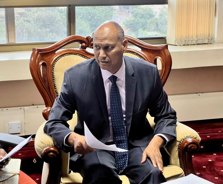 The State Department for Shipping and Maritime Affairs Principal Secretary Mr. Aden Abdi Millah during a media interview at NSSF Annex building