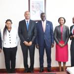 Principal Secretary State Department for Shipping and Maritime Affairs Mr. Aden Millahin the middle, posing for a photo with Kenya's High Commissioner to the United Kingdom and Northern Ireland Amb. Maurice Makoloo after the ambassador paid a courtesy call to the PS.